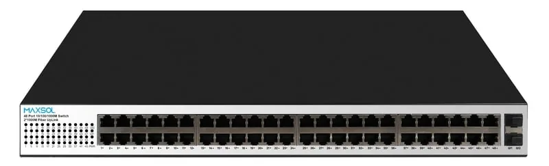 Front view of a Maxsol PS14802SFG 48-port Gigabit PoE switch with two uplink ports