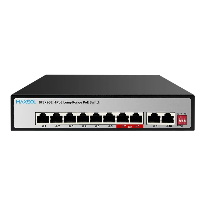 Maxsol PS1802GE long-range PoE switch with eight PoE ports and two Gigabit uplink ports