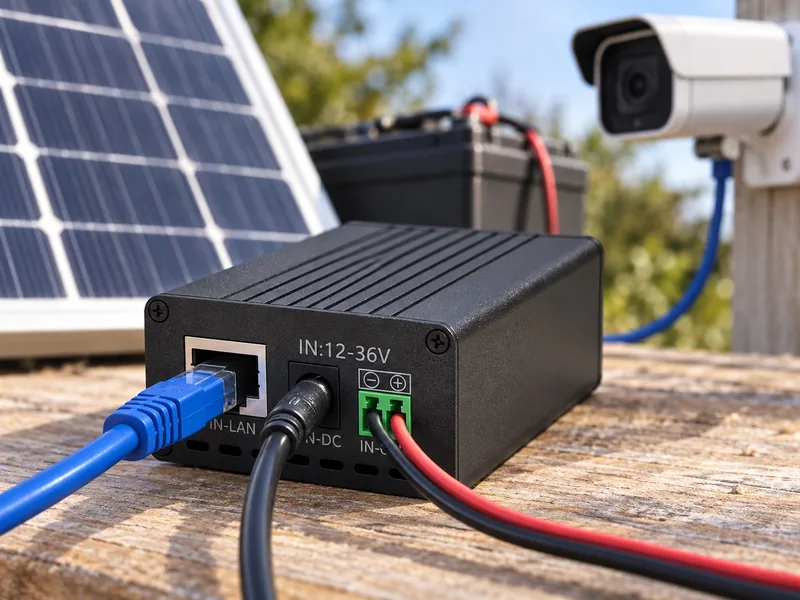 Maxsol POE24V DC-to-PoE converter with Ethernet ports and LCD voltage display