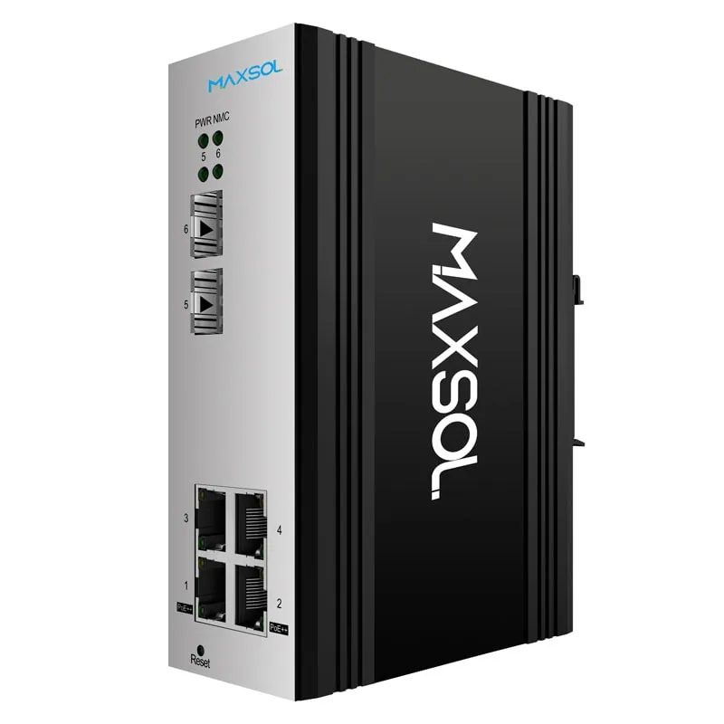 Four-port Gigabit PoE switch with two SFP ports for DIN-rail installation
