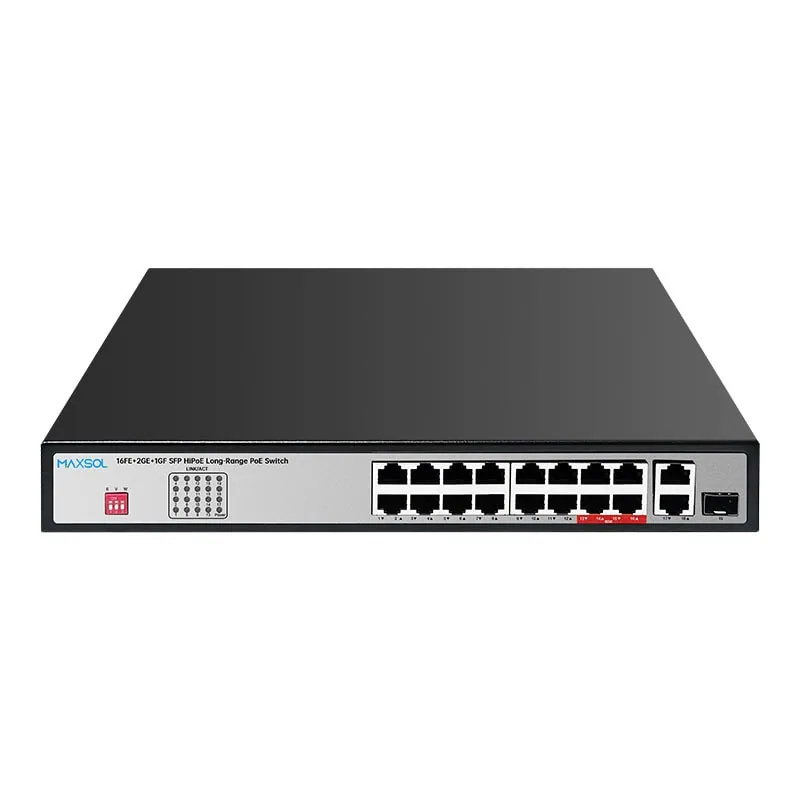 Maxsol PS11602FE PoE switch with sixteen Fast Ethernet PoE ports, copper uplinks and an SFP uplink