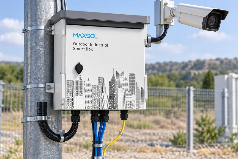Maxsol SBOX2802SFG-I outdoor smart Ethernet box shown with the enclosure open